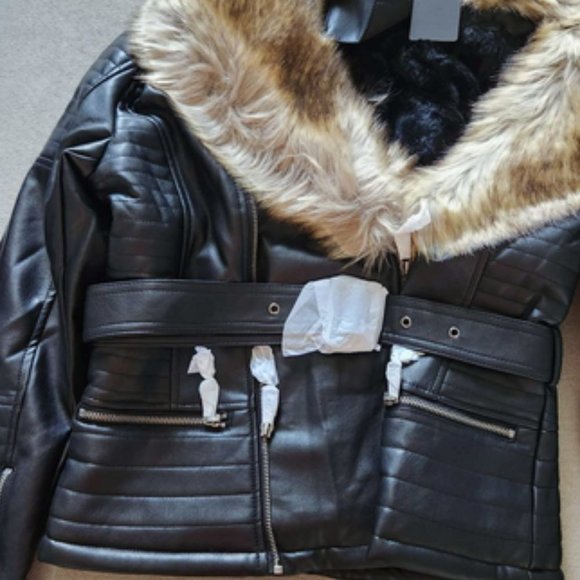 Brown Faux Fur Black Leather Belted Motorcycle Bomber Jacket Sherpa Winter Coat - Picture 5 of 6